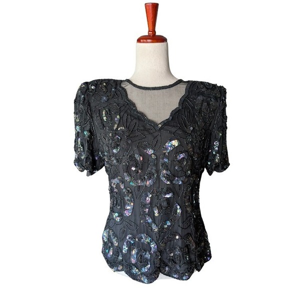 Laurence Kazar Tops - Laurence Kazar Vintage Black Silk Sequin Beaded Evening Top Blouse Petite Medium